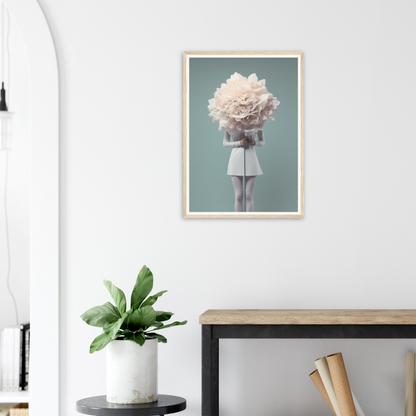 Framed artwork depicting a figure with a giant white flower in place of their head.