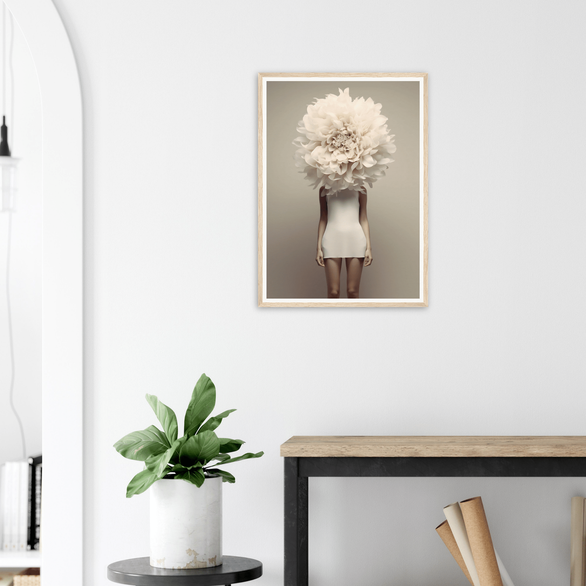 Surreal photograph of a person with an oversized white flower replacing their head, wearing a short white dress.