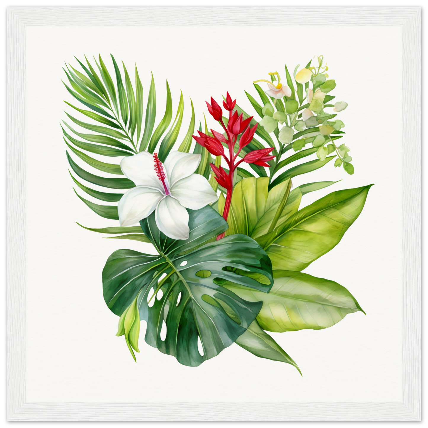 A white and green tropical print with red flowers, leaves and green leaves