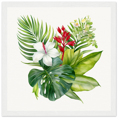 A white and green tropical print with red flowers, leaves and green leaves