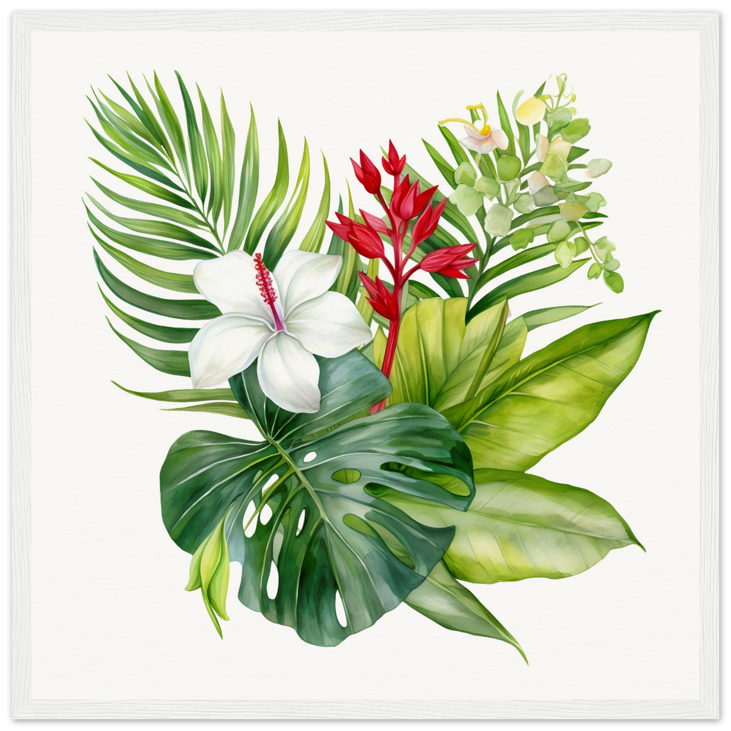 A white and green tropical print with red and white flowers