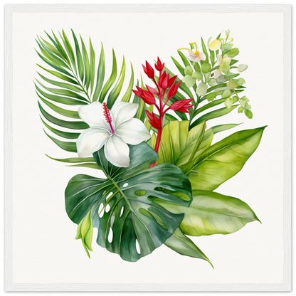 A white and green tropical print with red and white flowers