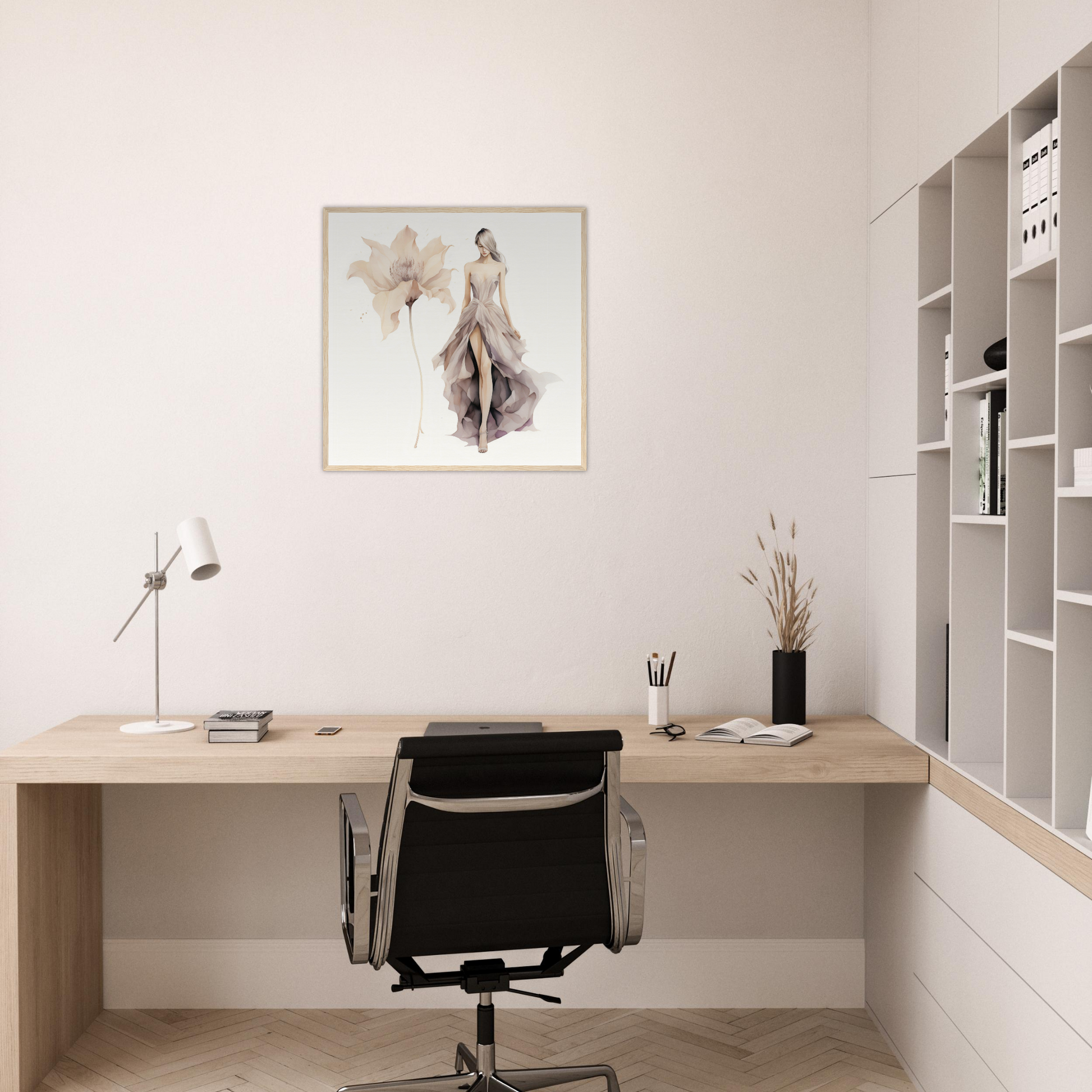 A white and grey abstract painting on a wall above a desk