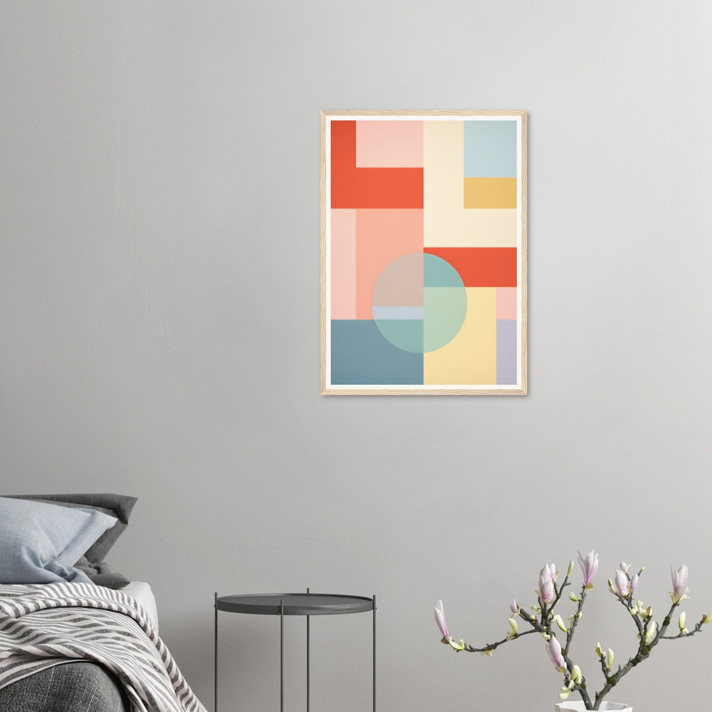 Abstract geometric artwork featuring colorful shapes and blocks in pastel tones.