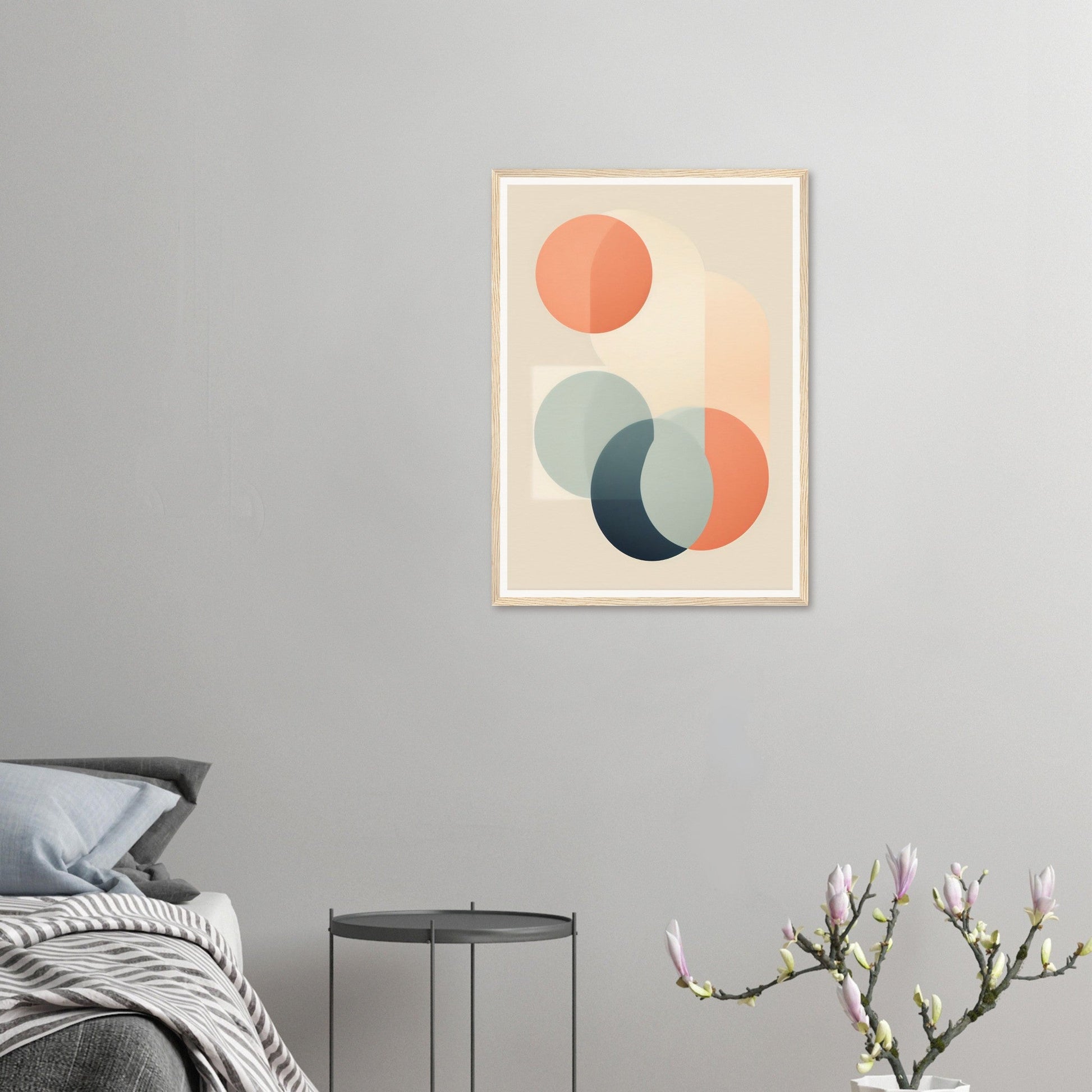 Abstract geometric artwork featuring overlapping circles in muted orange, blue, and beige tones.