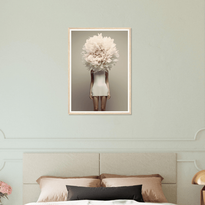 Framed surrealist photograph of a figure with a giant white flower in place of their head, wearing a short white dress.