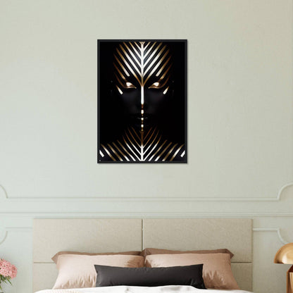 Abstract geometric artwork featuring a stylized face with glowing eyes and symmetrical patterns.