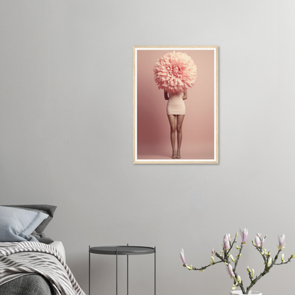 Surreal photograph of a standing figure with a giant pink flower or pom-pom in place of their head.