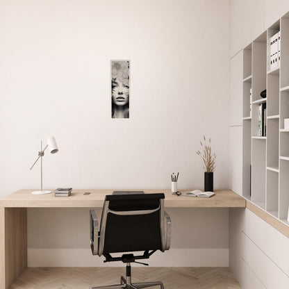 A white office with a desk and shelves