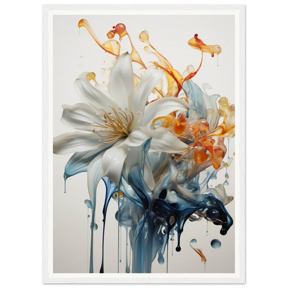 A white and orange flower with blue and orange paint