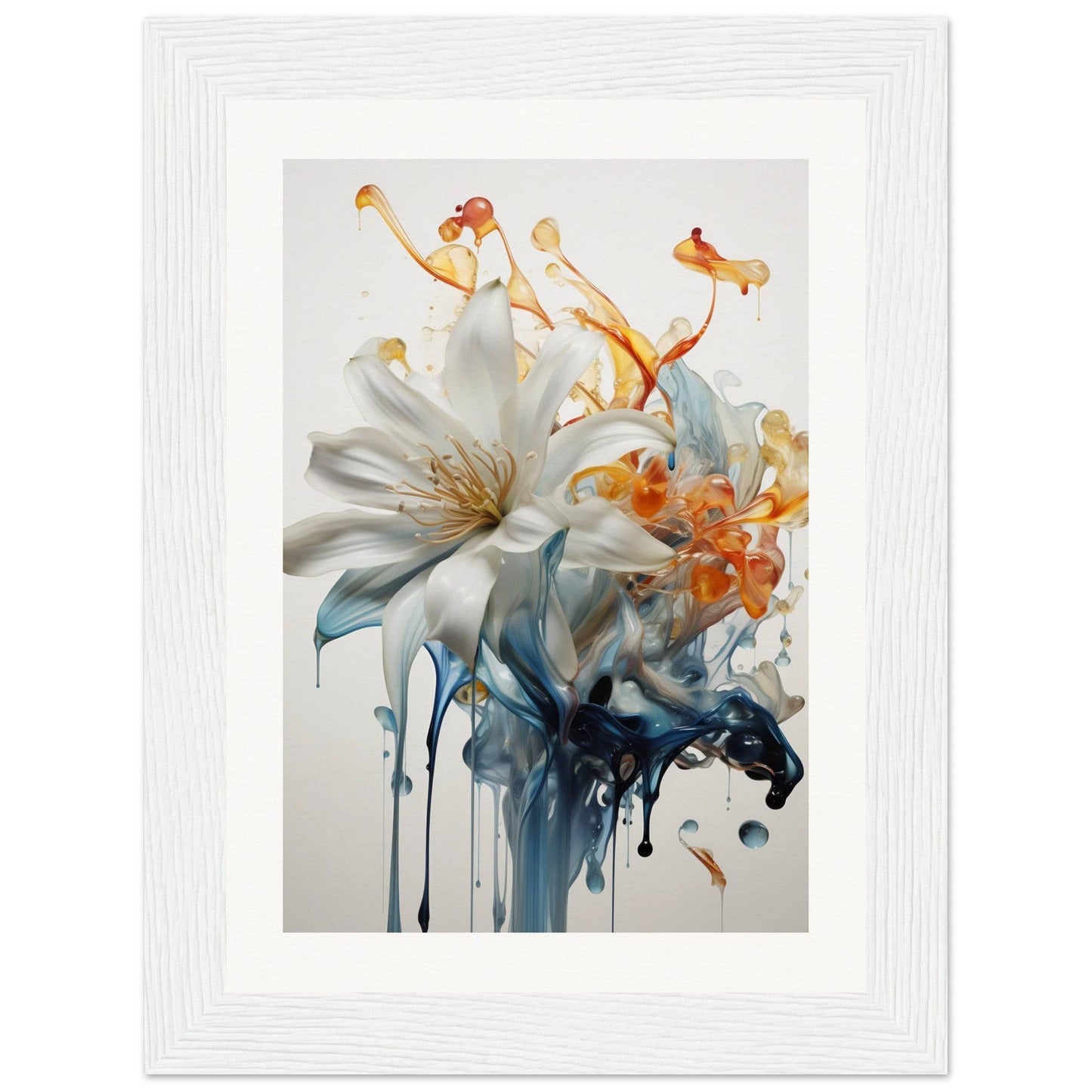 A white and orange flower with a splash of paint