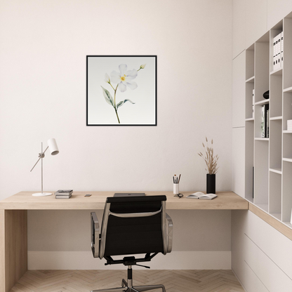 A white orchid flower on a white background framed in a white wall