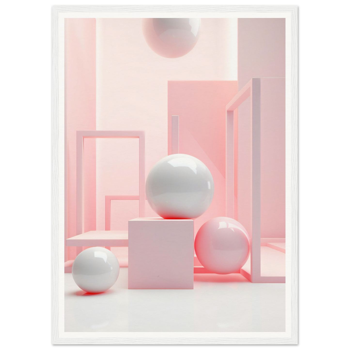 A white and pink abstract painting with a white sphere on top