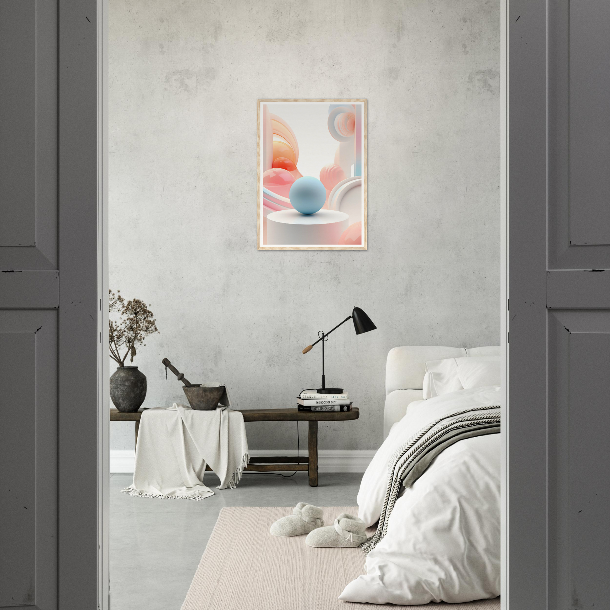 A white and pink abstract painting hangs on the wall in a bedroom