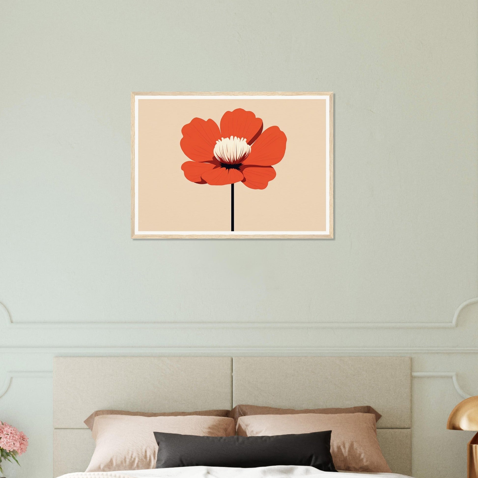 Red poppy flower with a white center on a beige background.