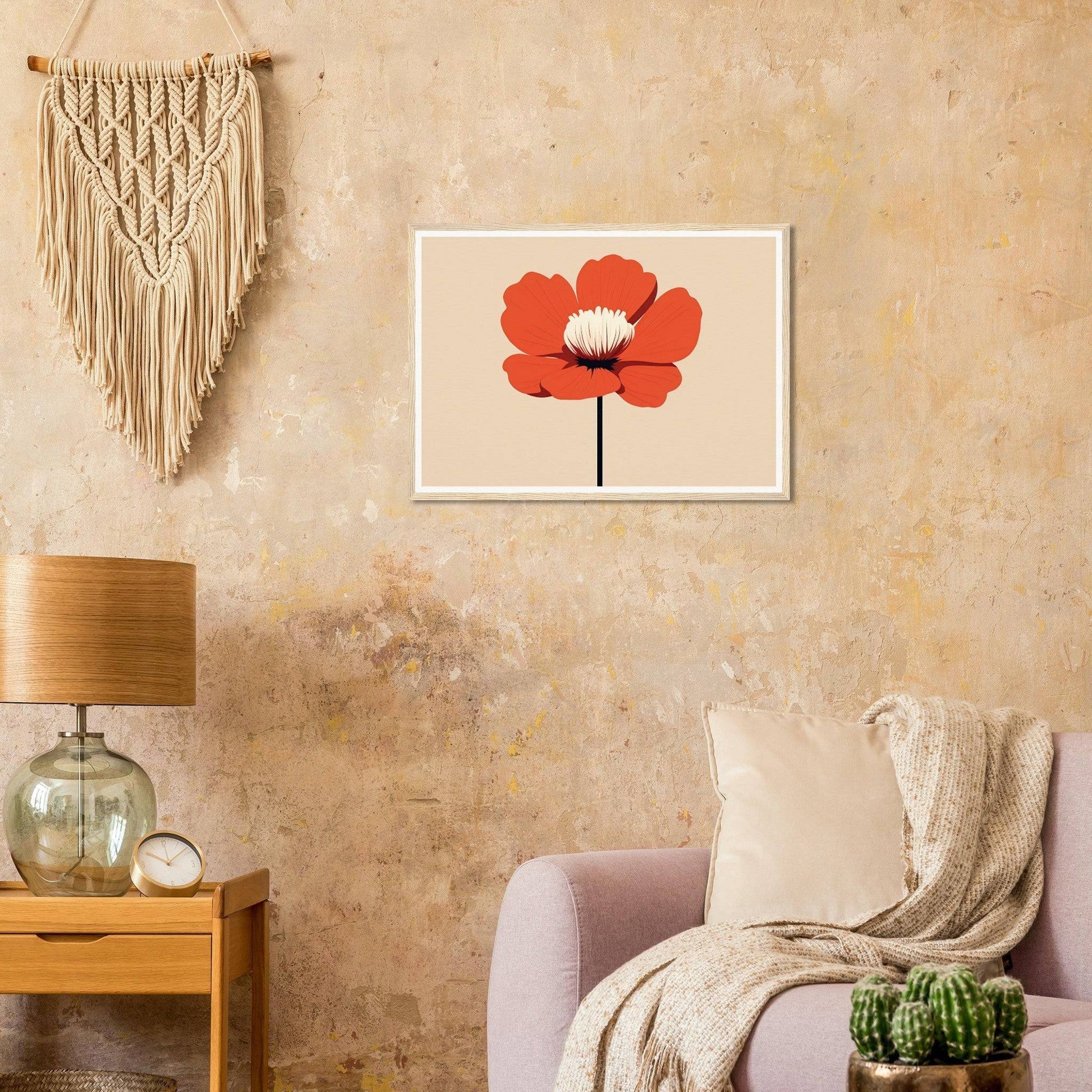 Framed artwork of a vibrant red poppy flower.