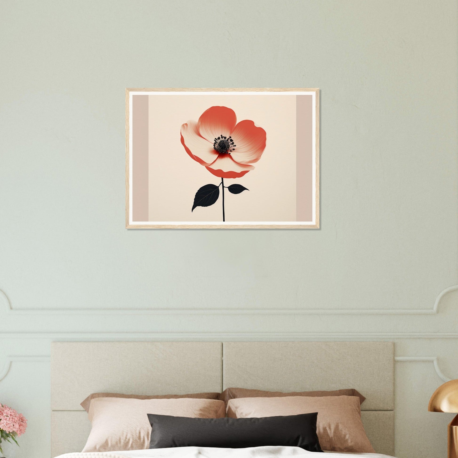 Framed artwork depicting a single red and white poppy flower with a black stem and leaf.