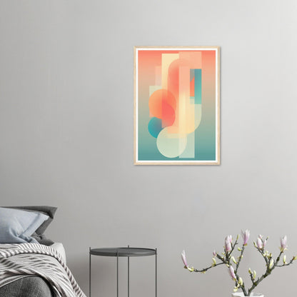 Abstract geometric artwork featuring soft, overlapping shapes in pastel coral, teal, and cream tones.