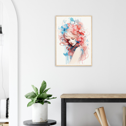 Framed watercolor portrait of a woman with vibrant pink and blue hair.