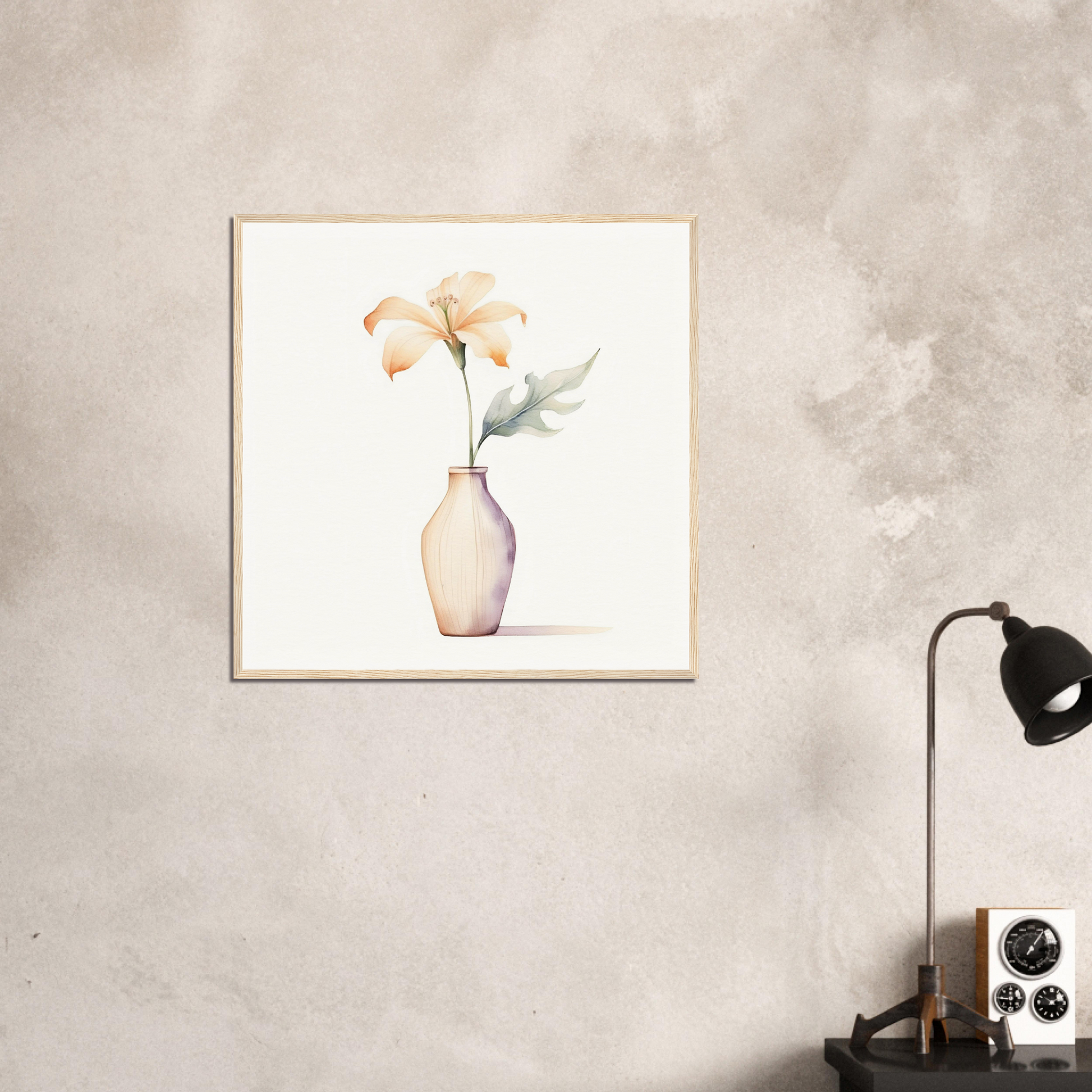 A white vase with a flower in it