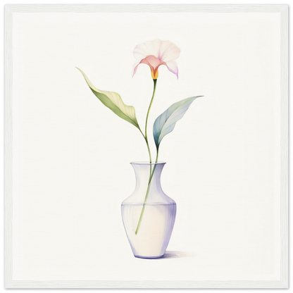 A white vase with a pink flower in it