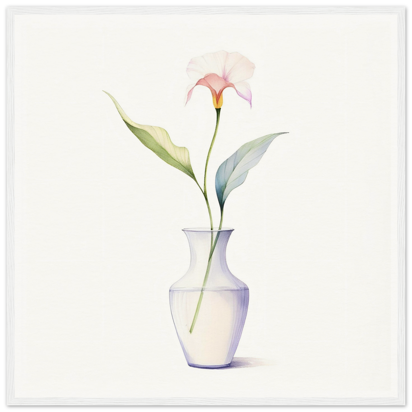 A white vase with a pink flower in it