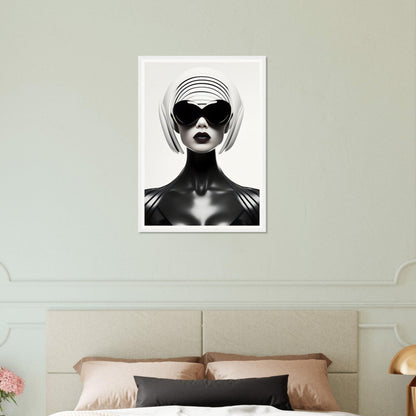 Black and white portrait of a stylized figure wearing oversized sunglasses and a sculptural headpiece.