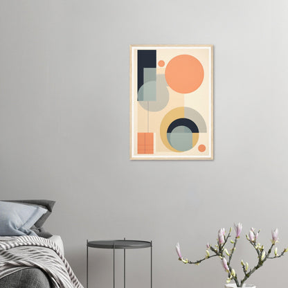 Abstract geometric artwork featuring circles, semicircles, and rectangles in muted pastel colors.