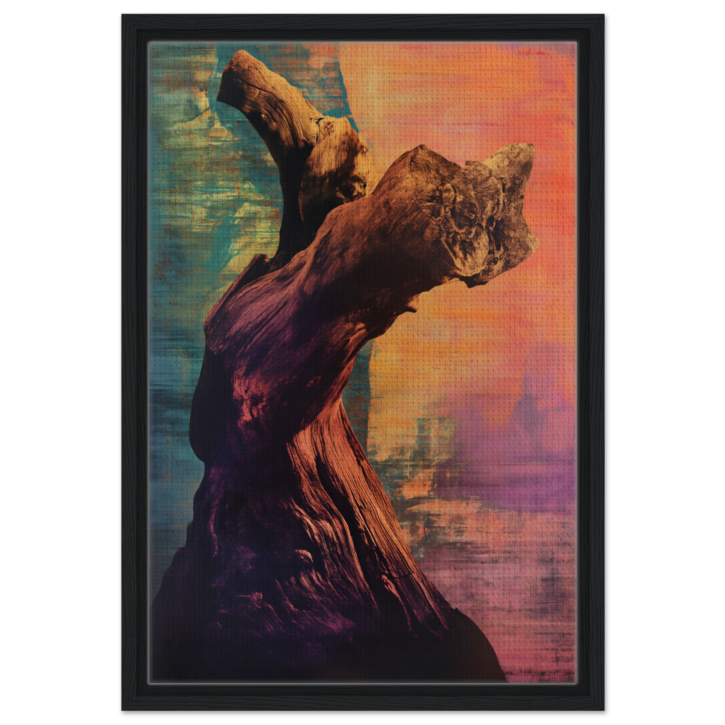 Whorled Effulgence Symphony framed canvas print of a gnarled tree trunk resembling an animal face