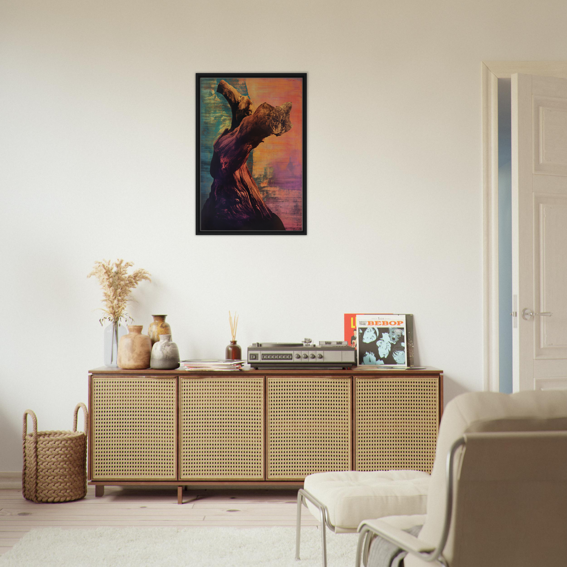 Wooden sideboard with cane-webbed doors for stylish room decor in Whorled Effulgence Symphony