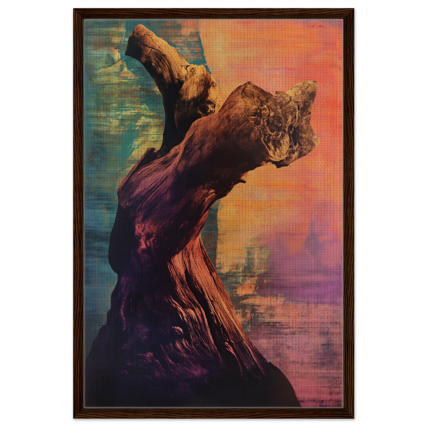 Gnarled tree stump against a vibrant abstract background in Whorled Effulgence Symphony, room decor