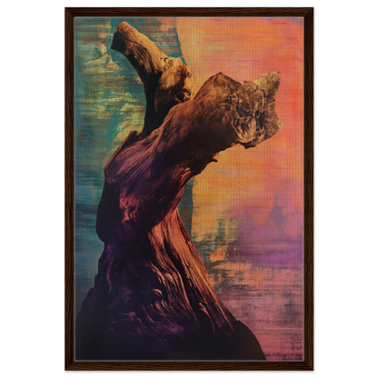 Gnarled tree stump against a vibrant abstract background in Whorled Effulgence Symphony, room decor