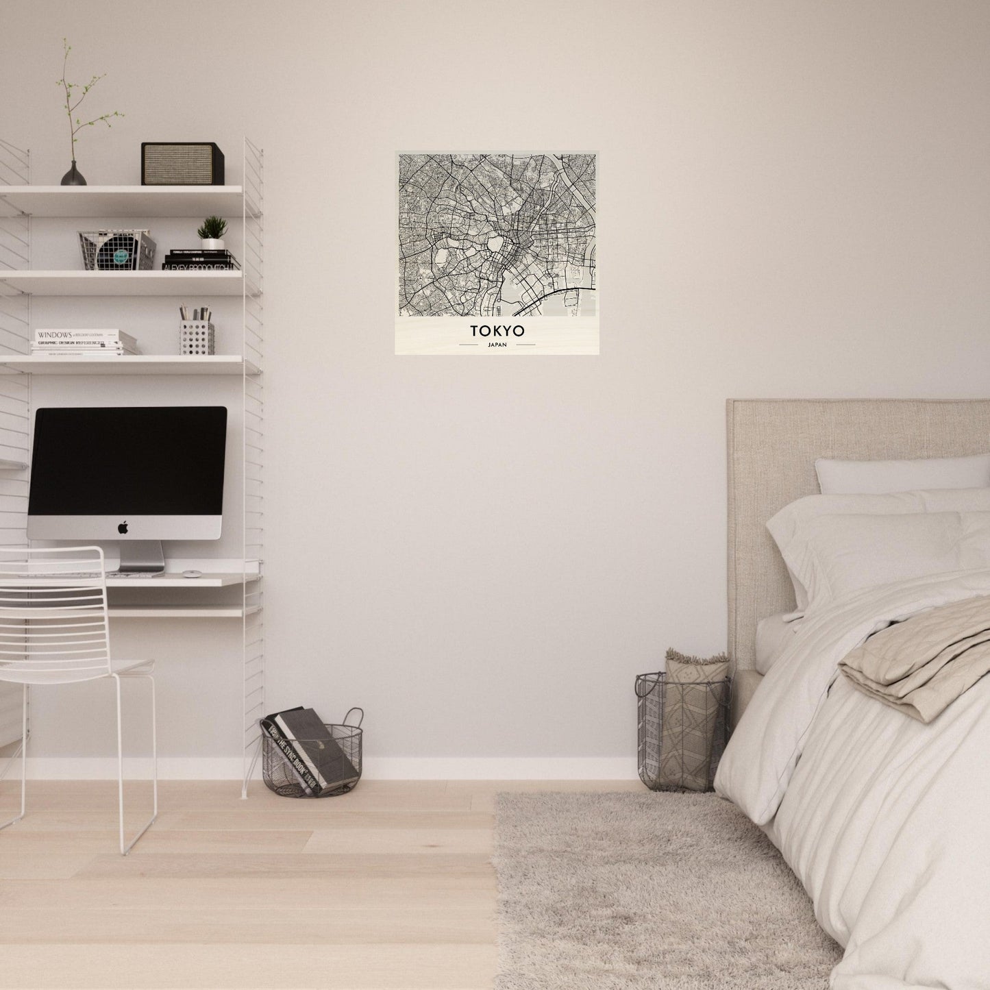 Minimalist bedroom with a wall-mounted desk area and floating shelves.