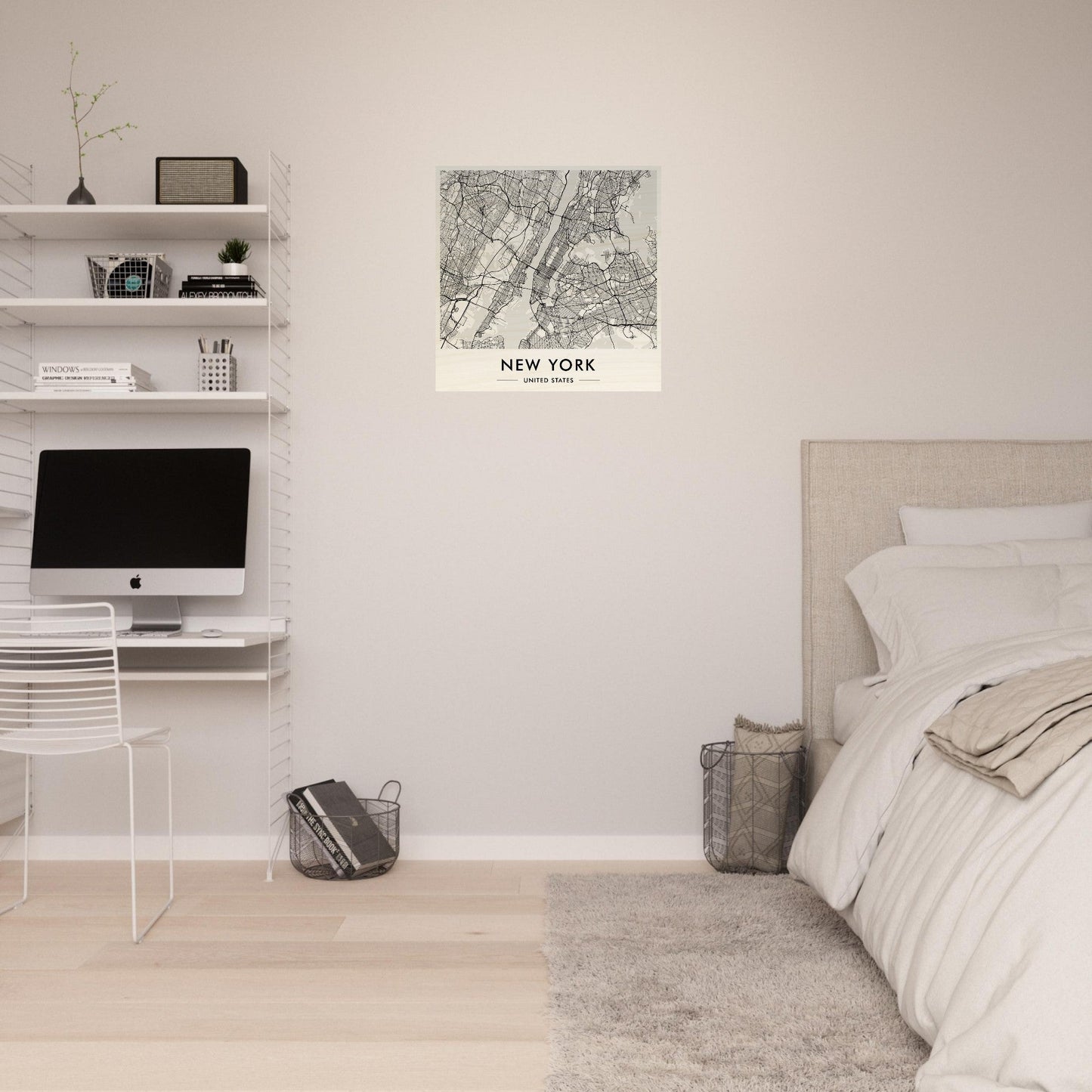 Minimalist bedroom with white shelving, a computer workstation, and a bed.