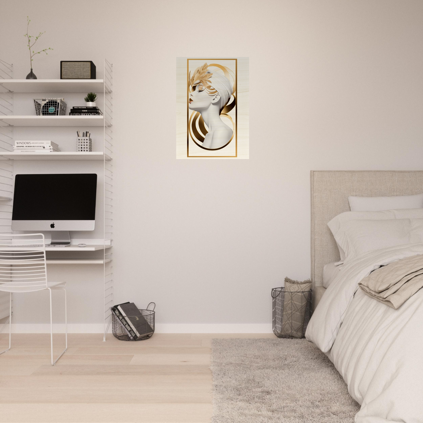 Minimalist bedroom with white walls, floating shelves, and a modern workspace area.