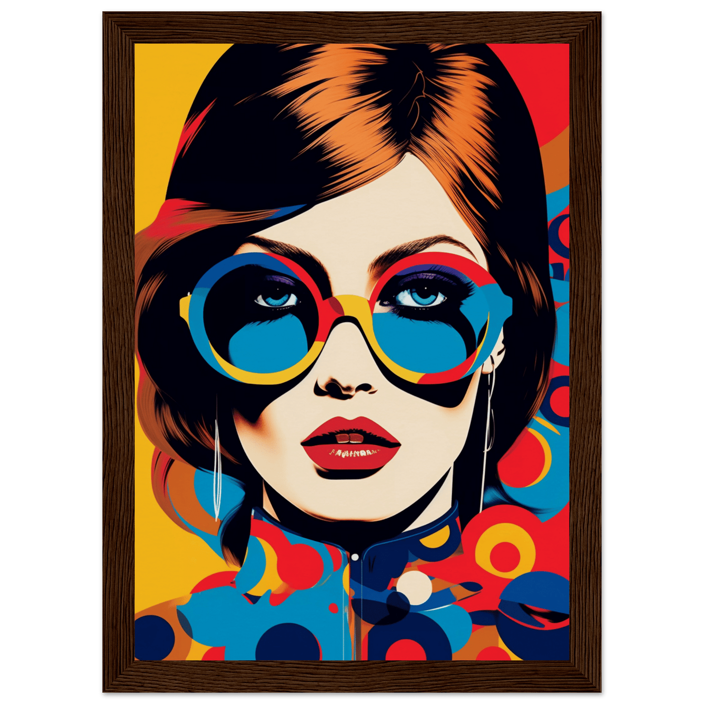 Colorful pop art style portrait of a woman wearing round sunglasses and red lipstick.