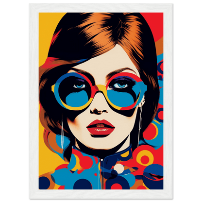 Stylized pop art portrait of a woman wearing colorful round sunglasses and red lipstick.