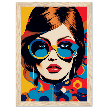 Stylized pop art portrait of a woman wearing colorful round sunglasses and red lipstick.