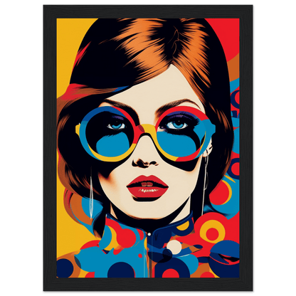 Colorful pop art style portrait of a woman wearing round sunglasses and red lipstick.