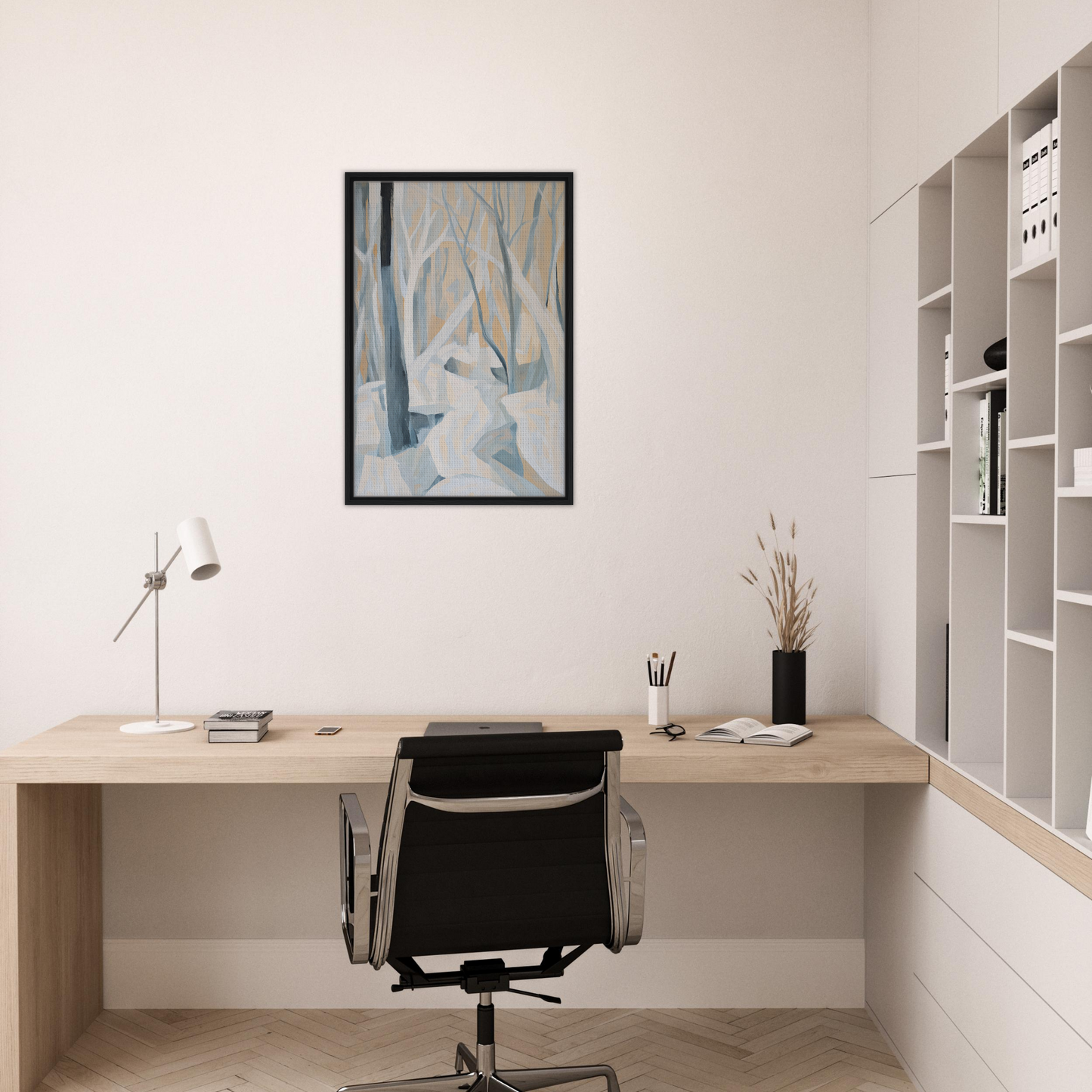 Minimalist home office featuring Winter Forest Rhapsody artwork and stylish decor