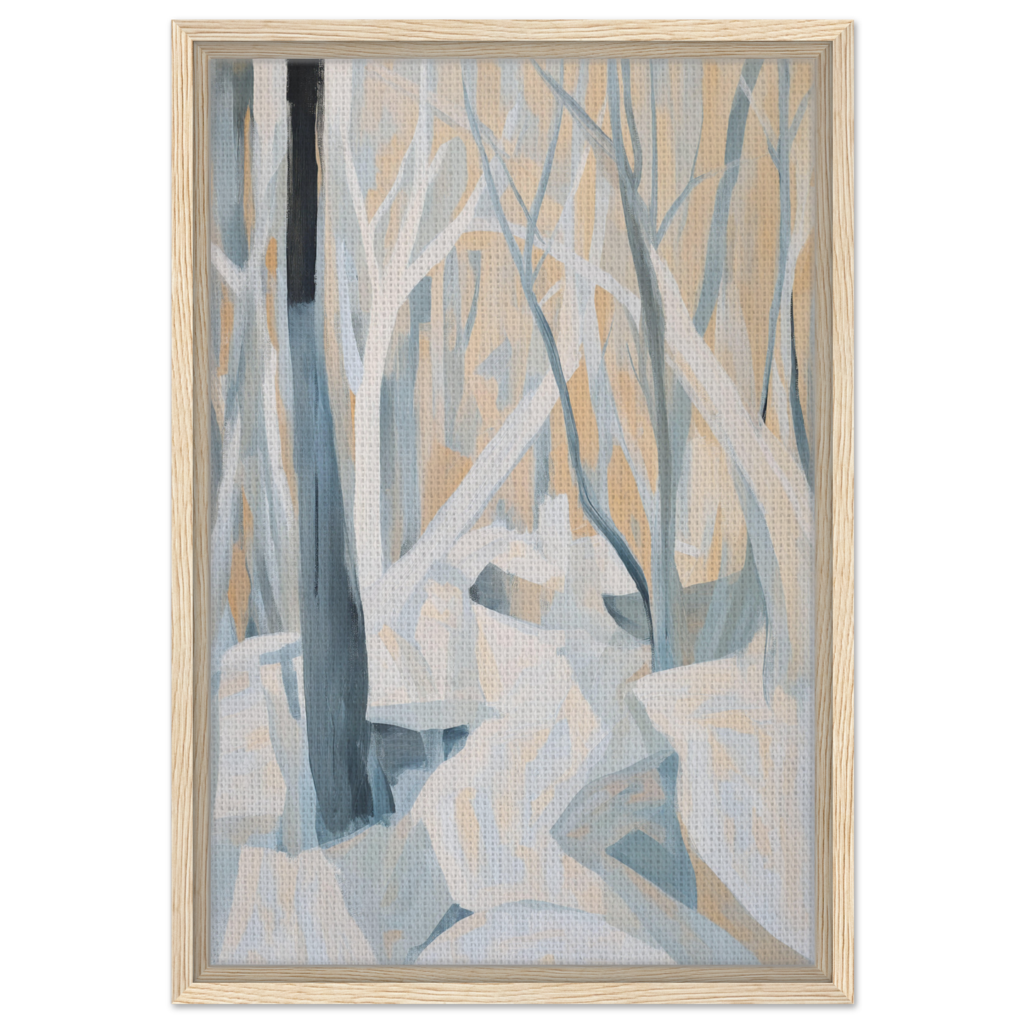 Abstract painting of winter forest trees in blue and gray for Winter Forest Rhapsody room decor