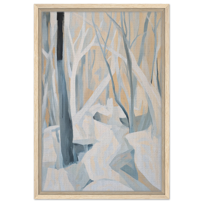 Abstract painting of winter forest trees in blue and gray for Winter Forest Rhapsody room decor