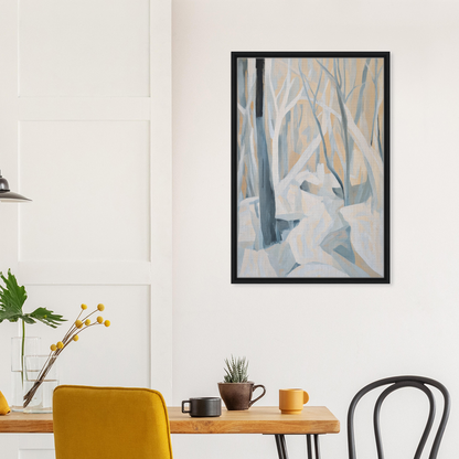 Framed painting of a white rabbit in a snowy forest for Winter Forest Rhapsody room decor