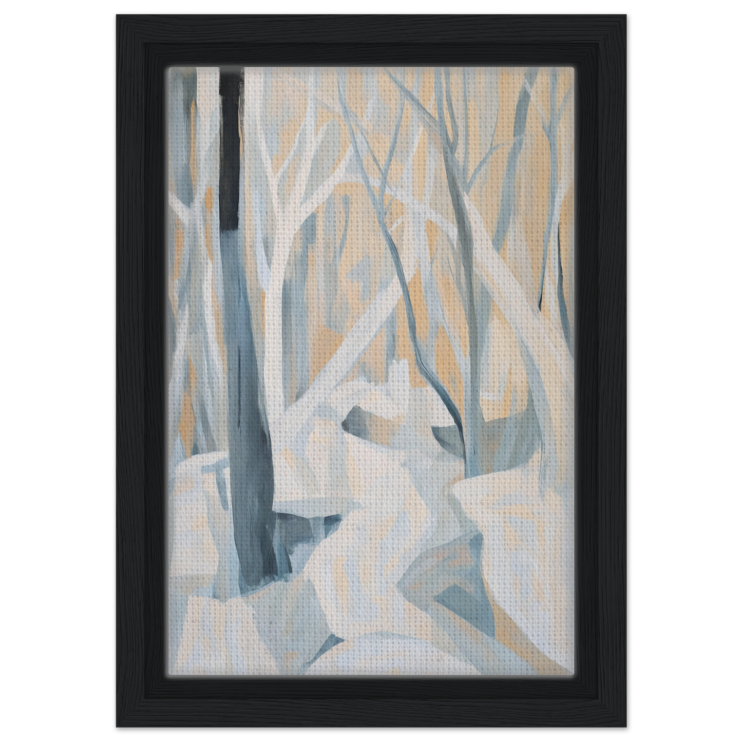 Abstract painting of winter trees in muted pastels for Winter Forest Rhapsody room decor