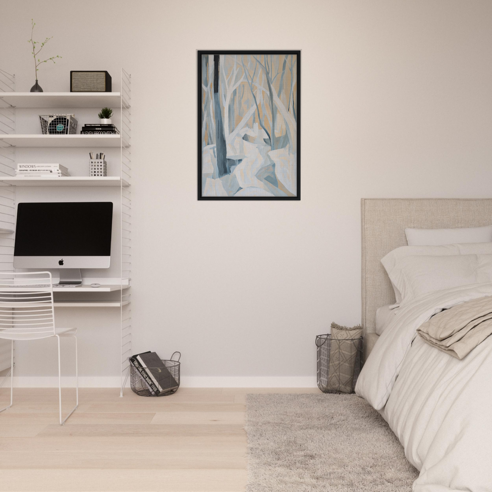 Minimalist bedroom featuring Winter Forest Rhapsody artwork and stylish room decor