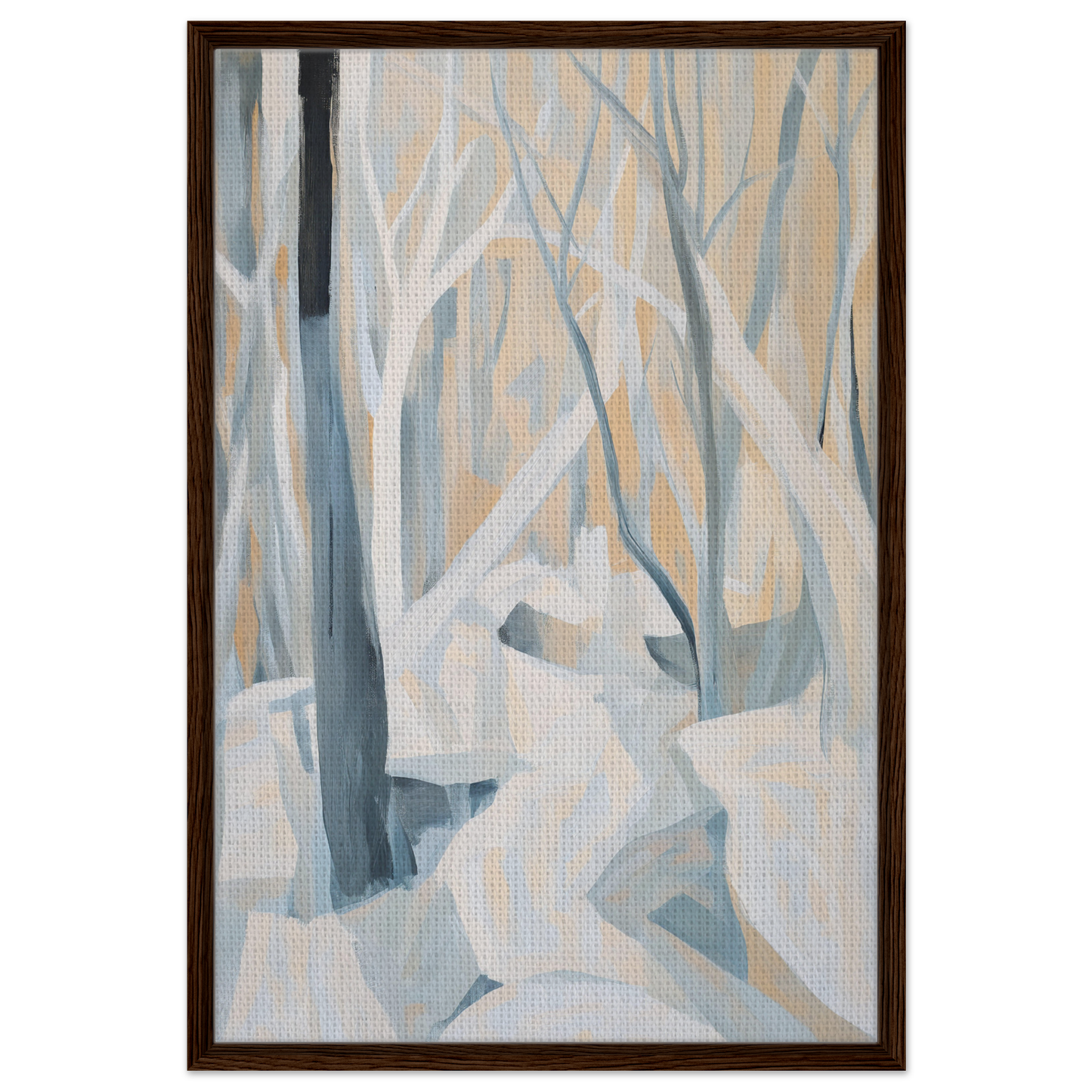 Abstract painting of winter trees in blue and beige tones from Winter Forest Rhapsody