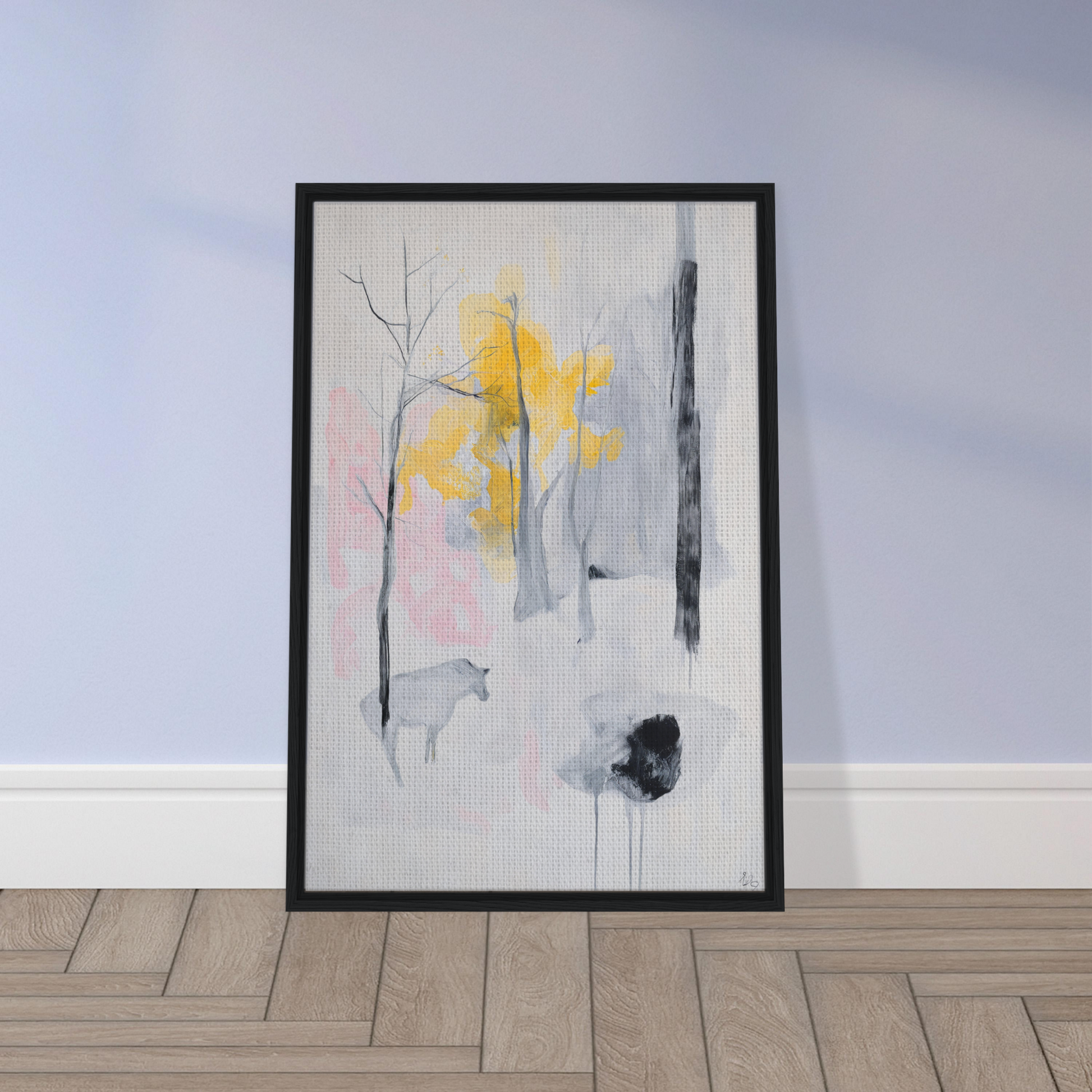 Framed canvas print of Winter’s Wistful Woods with abstract tree-like forms in yellow and gray