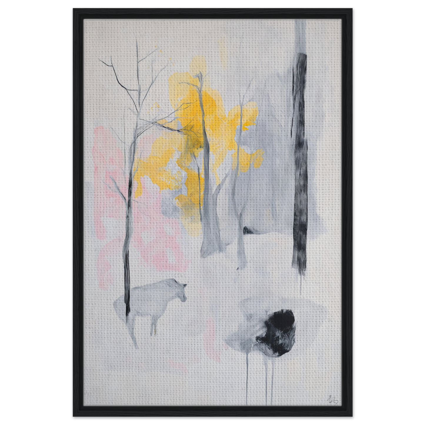 Abstract painting in muted gray with yellow and pink, featuring minimalist trees for Winter’s Wistful Woods