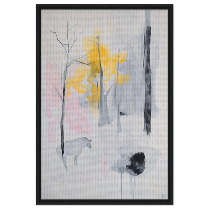 Abstract painting in muted gray with yellow and pink, featuring minimalist trees for Winter’s Wistful Woods