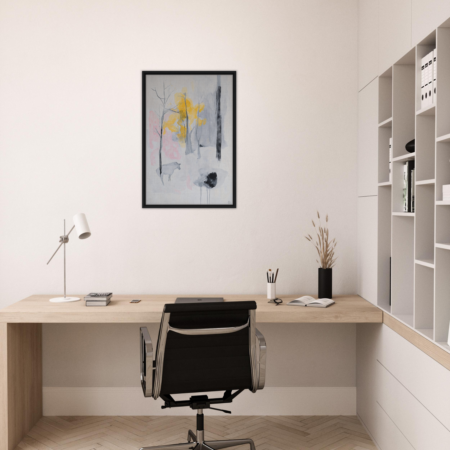 Minimalist wooden desk with black chair in Winter’s Wistful Woods home office decor